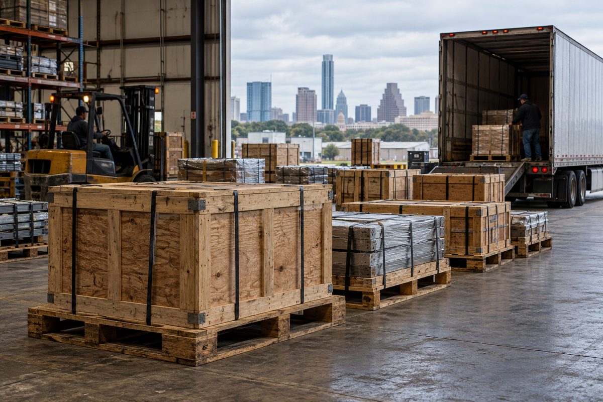 Strapped equipment parts crates staged for regional courier freight transport